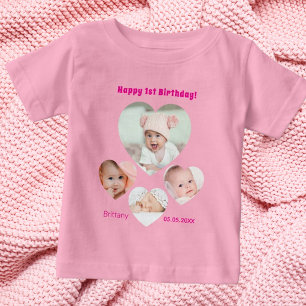 1st Birthday name age photo collage baby girl pink Baby T-Shirt