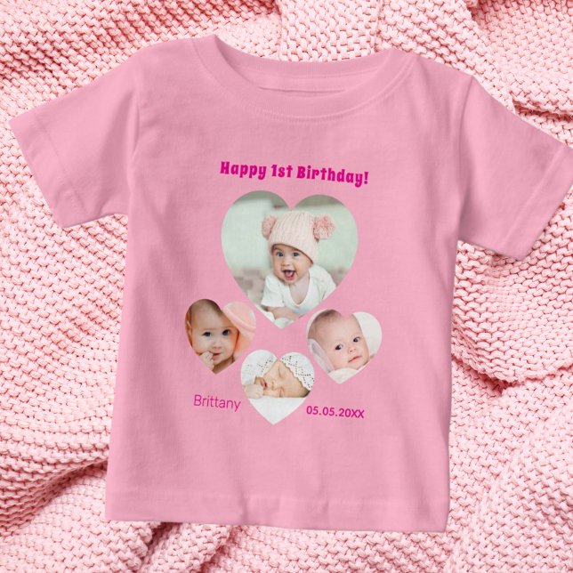 1st Birthday name age photo collage baby girl pink Baby T-Shirt (Creator Uploaded)