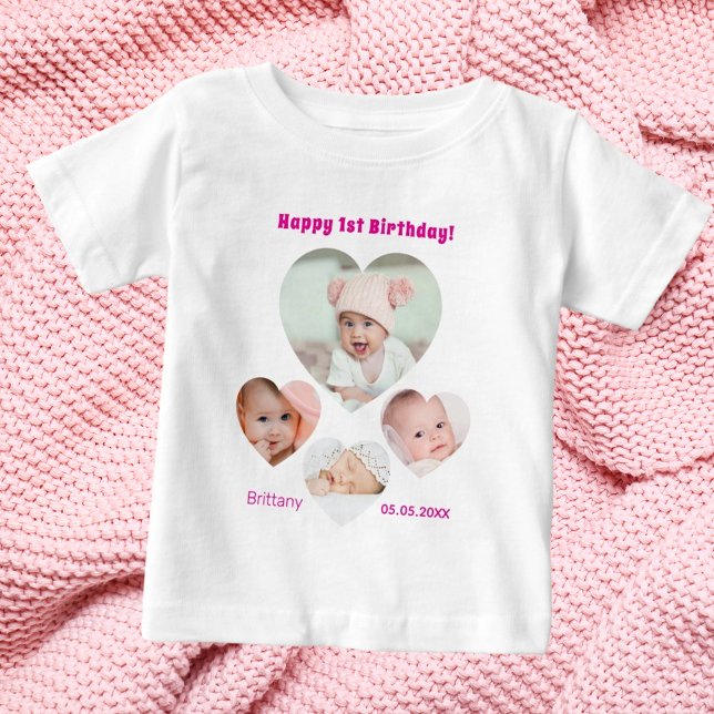 1st Birthday name age photo collage baby girl T-Shirt (Creator Uploaded)