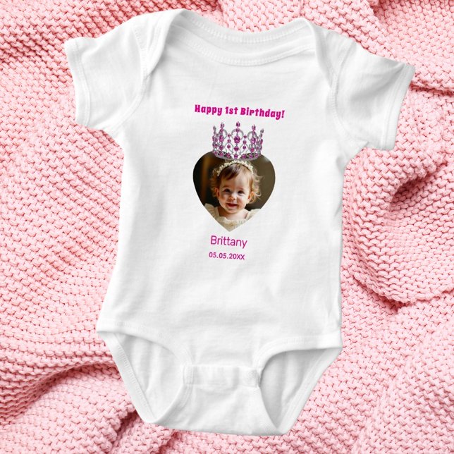 1st Birthday name age photo pink tiara baby girl Baby Bodysuit (Creator Uploaded)