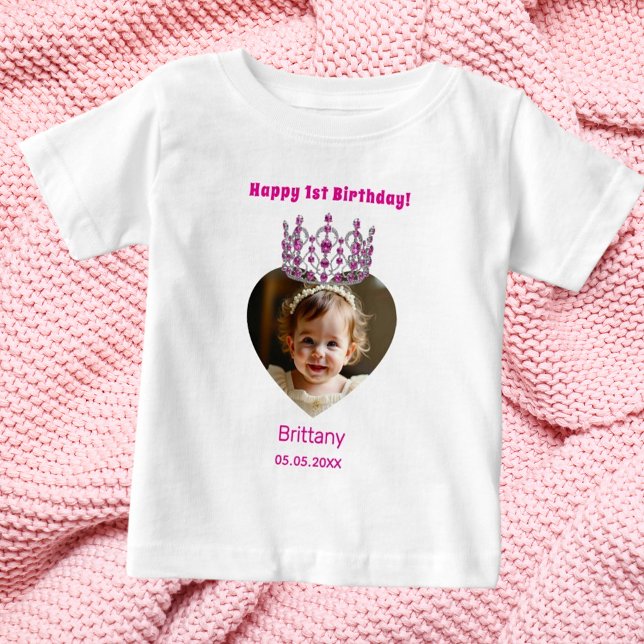 1st Birthday name age photo pink tiara baby girl Baby T-Shirt (Creator Uploaded)
