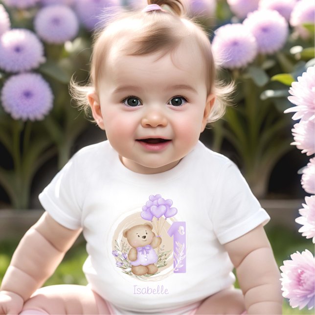1st Birthday Name Cute Teddy Bear Purple Baby T-Shirt (1st Birthday Cute Teddy Bear Purple Balloons Baby T-Shirt)