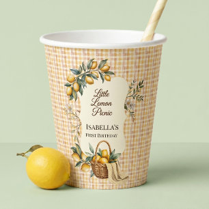 1st Birthday Name Little Lemon Picnic Gingham Paper Cups