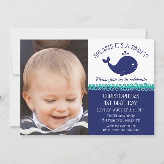 1st Birthday Nautical Blue Whale Photo Party Invitation (Front)