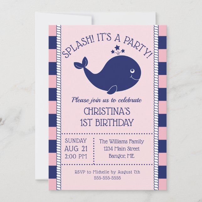 1st Birthday Nautical Blue Whale Pink Blue Stripes Invitation (Front)