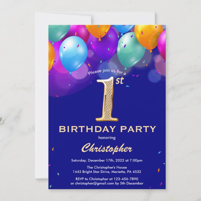 1st Birthday Navy Blue and Gold Colourful Balloons Invitation (Front)
