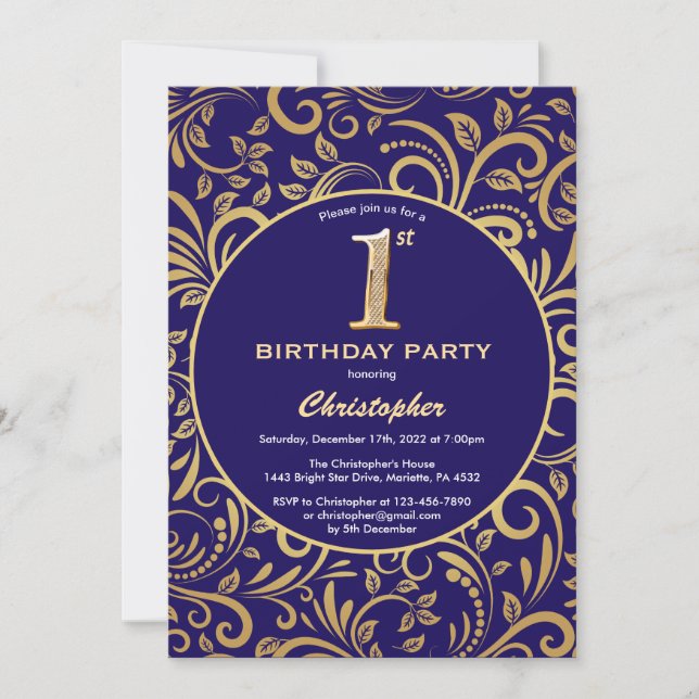 1st Birthday Navy Blue and Gold Floral Pattern Invitation (Front)