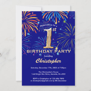 1st Birthday Navy Blue and Gold Rainbow Fireworks Invitation