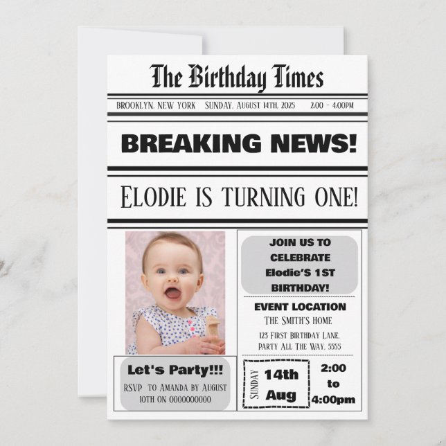 1st Birthday Newspaper Theme Boy Girl Magazine Invitation (Front)