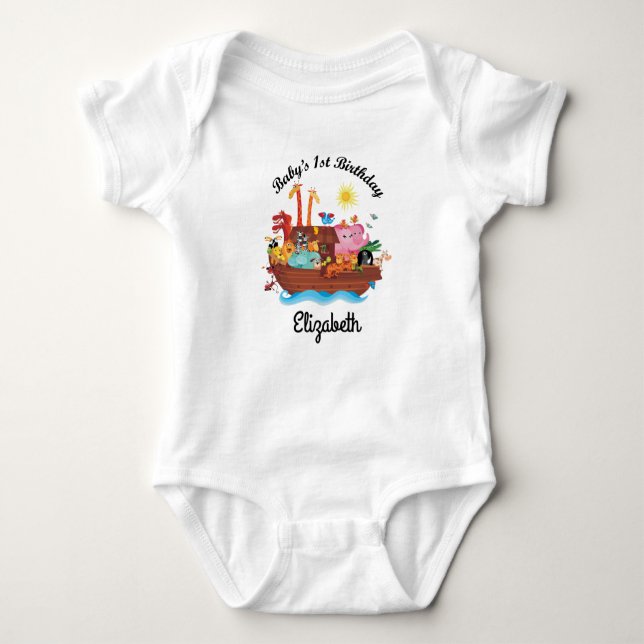 1st Birthday Noah's Ark Personalised Baby T-shirt Baby Bodysuit (Front)
