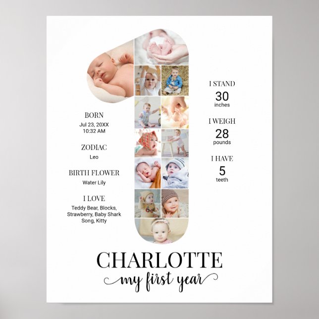 1st Birthday Number 1 Milestone Baby Photo Collage Poster (Front)