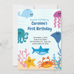 1st birthday ocean theme blue baby girl birthday  invitation