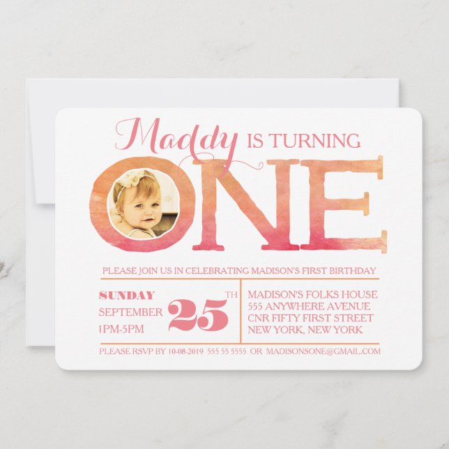 1st Birthday Ombre Watercolor One Photo Invitation (Front)