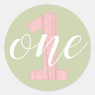 1st Birthday One Sage Green & Pink Wood Classic Round Sticker