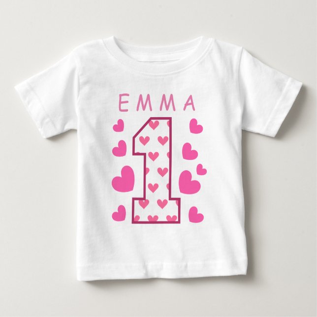 1st Birthday One with Hearts Custom Name A03 Baby T-Shirt (Front)
