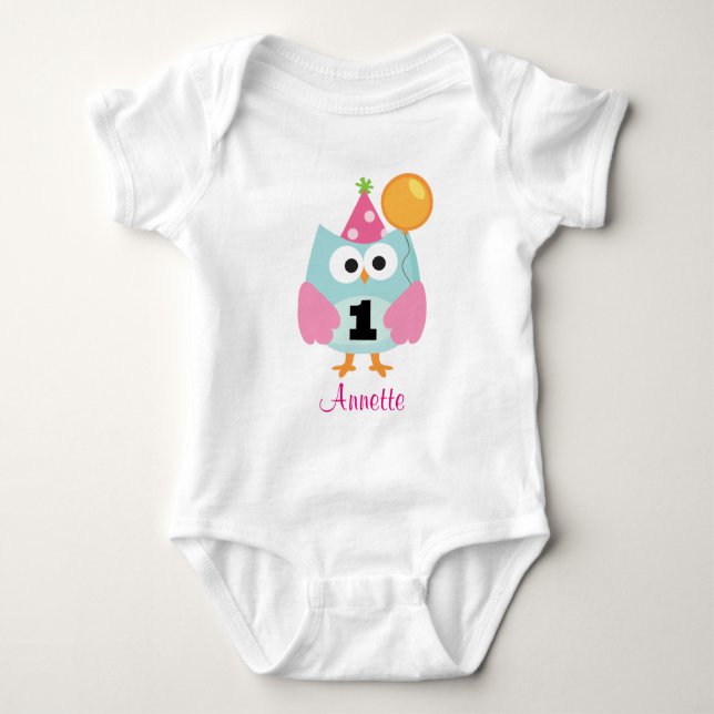 1st Birthday Owl Personalised Girls Tutu T-shirt Baby Bodysuit (Front)
