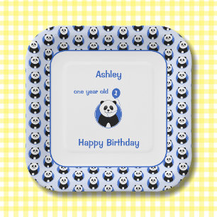 1st birthday panda blue balloon paper plate