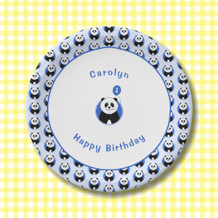 1st birthday panda blue pattern paper plate