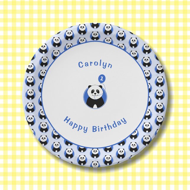 1st birthday panda blue pattern paper plate (Creator Uploaded)