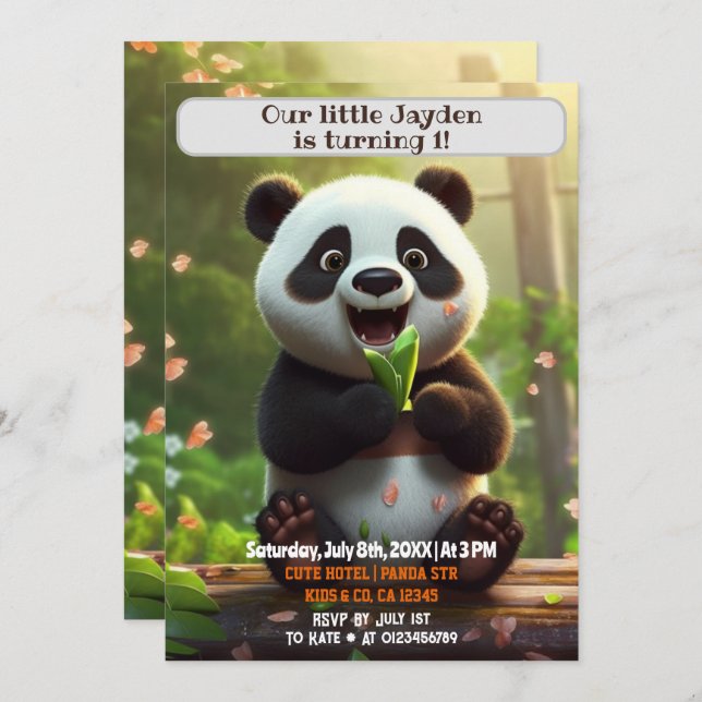 1st Birthday Panda Personalised Kids Name Age  Invitation (Front/Back)