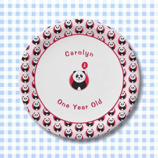 1st birthday panda red pattern paper plate (Creator Uploaded)