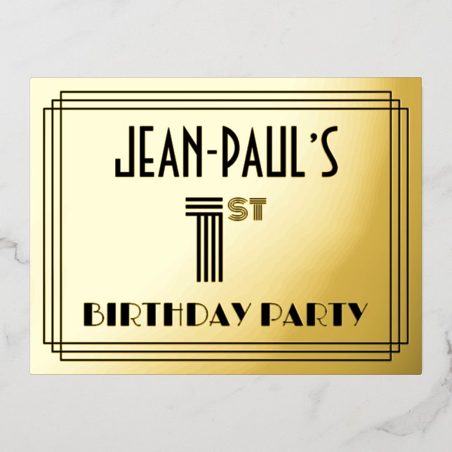 1st Birthday Party ~ Art Deco Style “1” + Name Foil Invitation Postcard (Front)