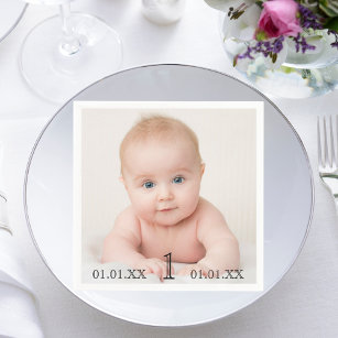 1st birthday party baby photo date age napkin