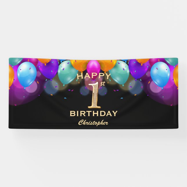 1st Birthday Party Black and Gold Balloons Banner (Horizontal)
