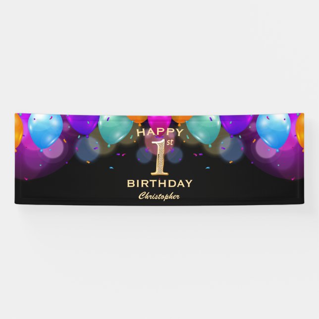 1st Birthday Party Black and Gold Balloons Banner (Horizontal)