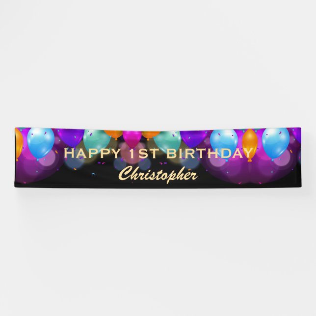 1st Birthday Party Black and Gold Balloons Banner (Horizontal)