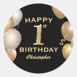 1st Birthday Party Black and Gold Balloons Classic Round Sticker