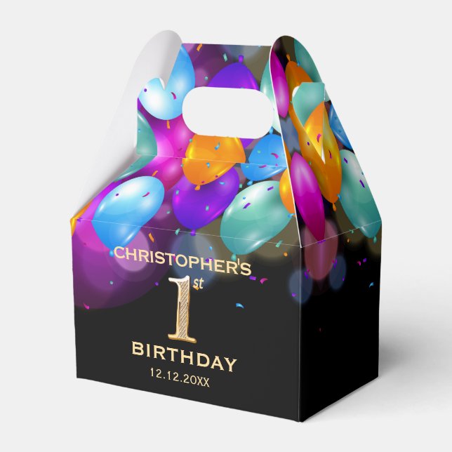 1st Birthday Party Black and Gold Balloons Favour Box (Front Side)