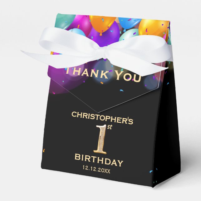1st Birthday Party Black and Gold Balloons Favour Box (Front Side)