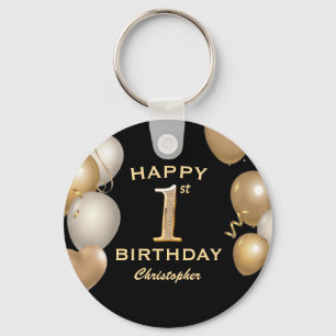 1st Birthday Party Black and Gold Balloons Key Ring