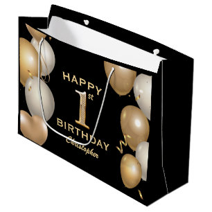 1st Birthday Party Black and Gold Balloons Large Gift Bag