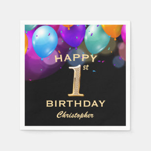 1st Birthday Party Black and Gold Balloons Napkin