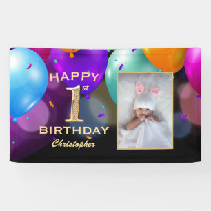 1st Birthday Party Black and Gold Balloons Photo Banner