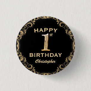 1st Birthday Party Black and Gold Glitter Frame 3 Cm Round Badge