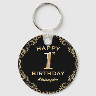 1st Birthday Party Black and Gold Glitter Frame Key Ring
