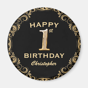 1st Birthday Party Black and Gold Glitter Frame Magnet