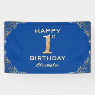 1st Birthday Party Blue and Gold Glitter Frame Banner