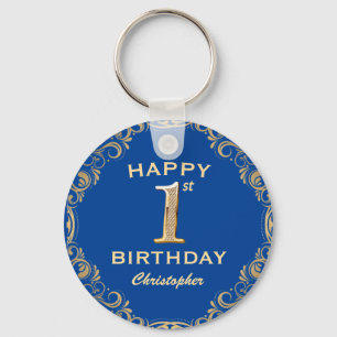 1st Birthday Party Blue and Gold Glitter Frame Key Ring