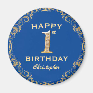 1st Birthday Party Blue and Gold Glitter Frame Magnet