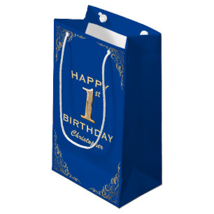 1st Birthday Party Blue and Gold Glitter Frame Small Gift Bag
