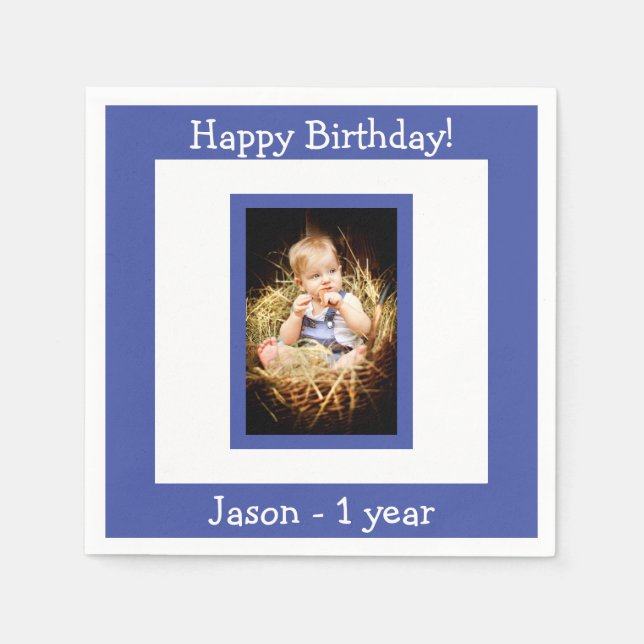 1st birthday party blue boy photo napkin (Front)