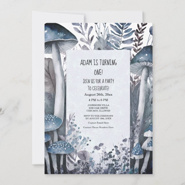1st Birthday Party Blue Mushrooms Boho Woods 2024 Invitation (Front)