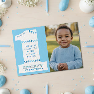 1st Birthday Party Boys Blue One Photo Thank You Card