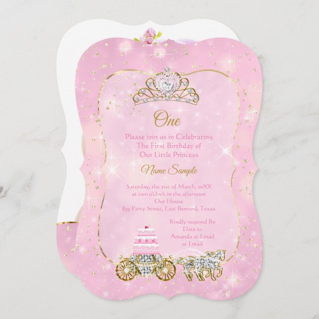 1st birthday Party Cinderella Pink Carriage Cake Invitation (Front/Back)