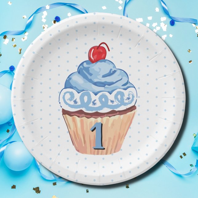 1st Birthday Party Cupcake Boys Blue Paper Plate (Creator Uploaded)