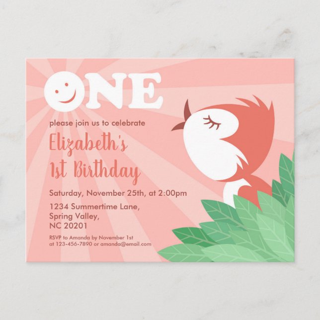 1st Birthday Party Cute Chick Bird Girl Postcard (Front)